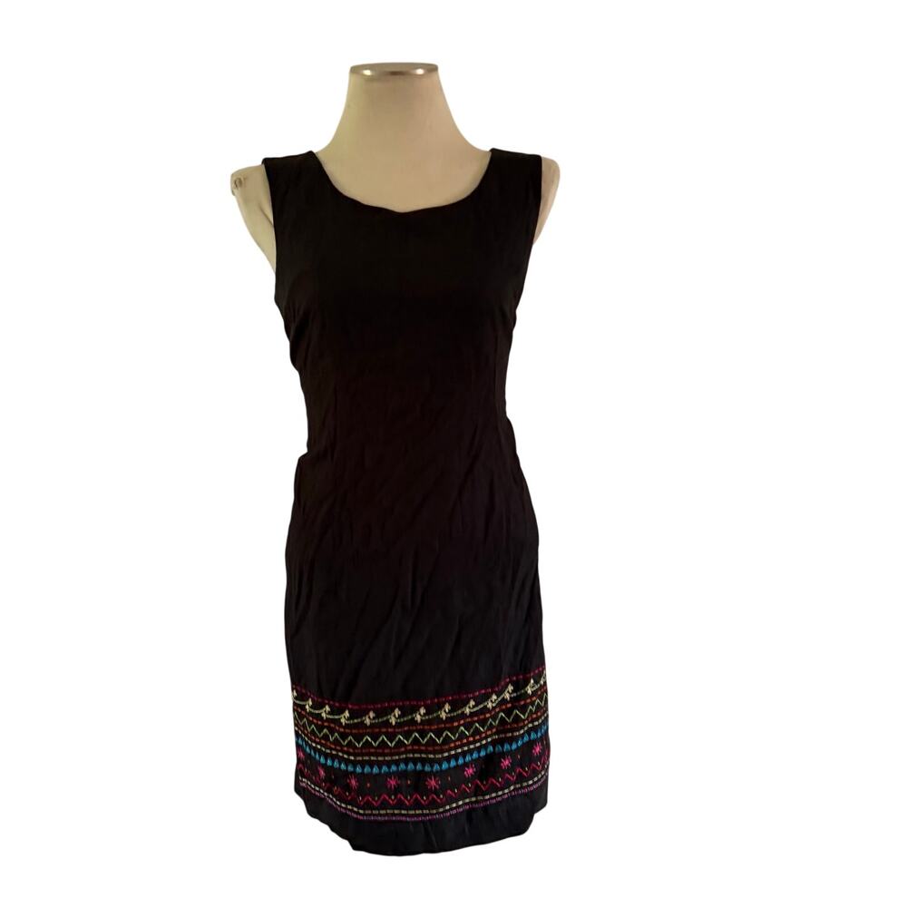 Coldwater Creek Black Linen Floral Embroidered Shift Mini Dress 14 Breathable